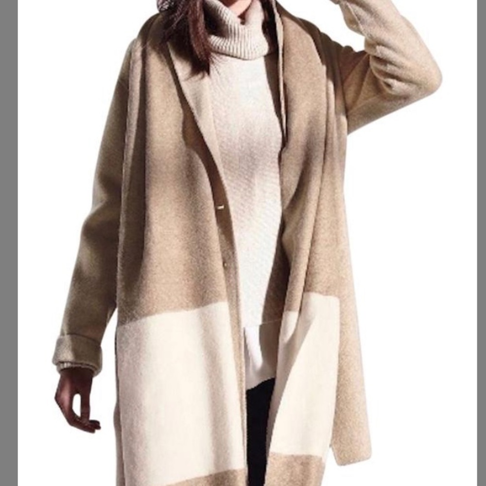 Eileen Fisher Almond and White Strip Wool Scarf